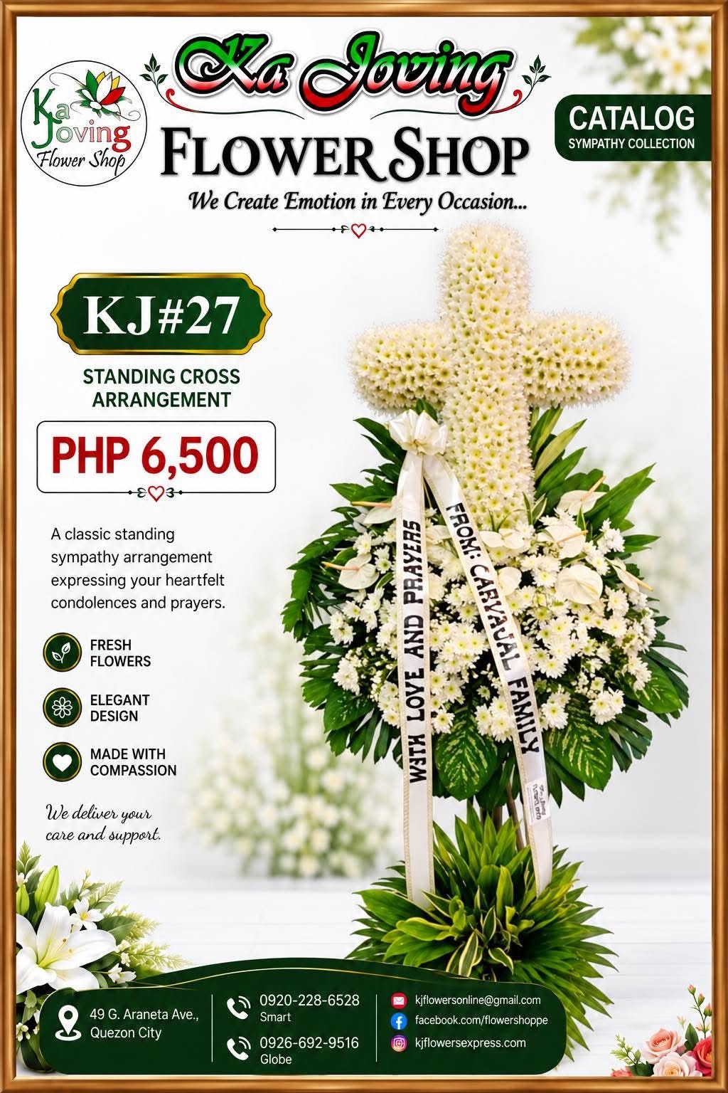 KJ#27 – Classic White Sympathy Cross Standing Arrangement