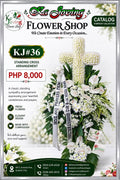 KJ#36 – Majestic White Cross Sympathy Standing Arrangement