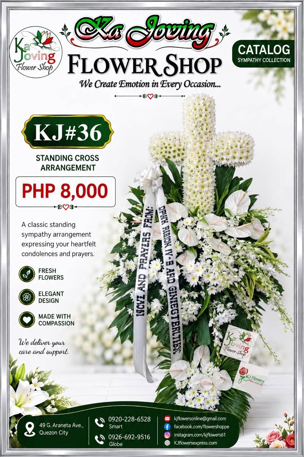 KJ#36 – Majestic White Cross Sympathy Standing Arrangement