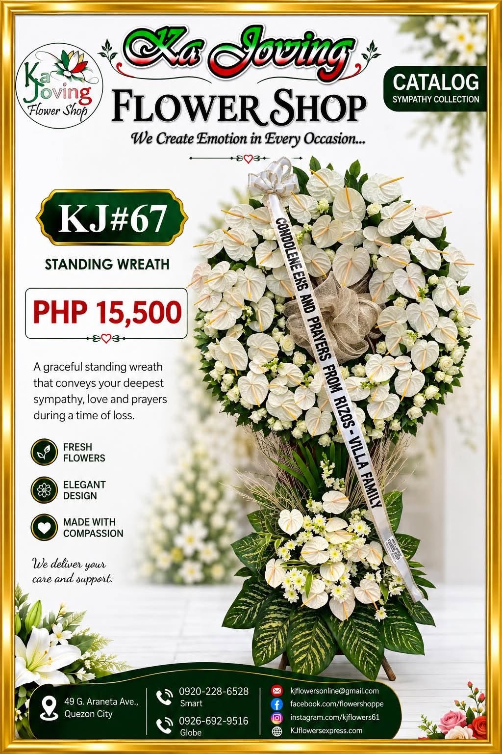 KJ#67 – Serenity White Anthurium Premium Standing Wreath