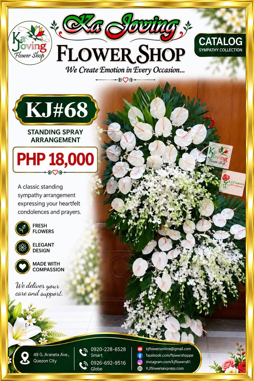 KJ#68 – Grand White Anthurium Sympathy Standing Spray